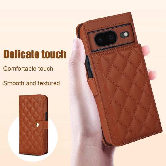 For Google Pixel 8 Crossbody Multifunction Rhombic Leather Phone Case(Brown)