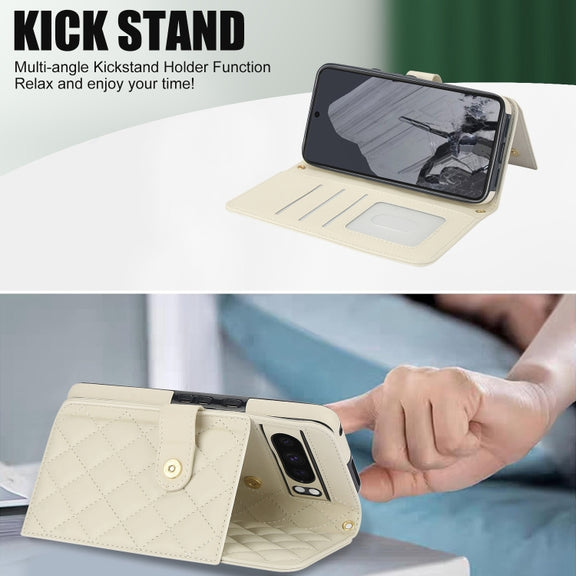 For Google Pixel 8 Pro Crossbody Multifunction Rhombic Leather Phone Case(White)