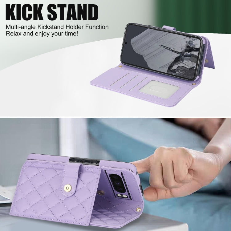 For Google Pixel 8 Pro Crossbody Multifunction Rhombic Leather Phone Case(Purple) - Google Cases by PMC TechLife | Online Shopping South Africa | PMC TechLife | Buy Now Pay Later Mobicred