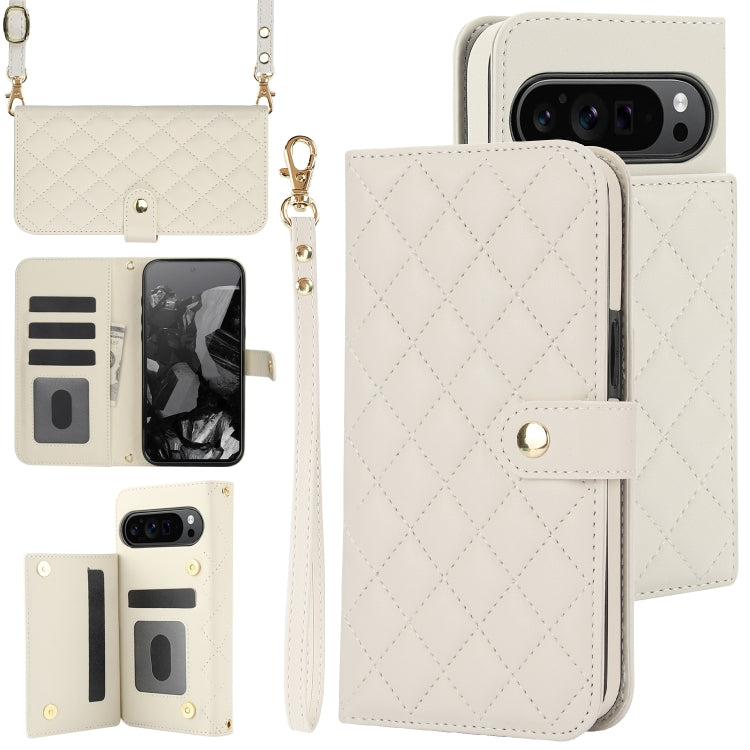 For Google Pixel 9 Crossbody Multifunction Rhombic Leather Phone Case(White) - Google Cases by PMC TechLife | Online Shopping South Africa | PMC TechLife | Buy Now Pay Later Mobicred