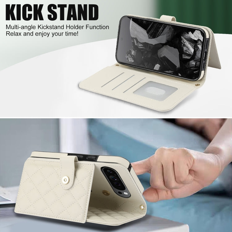 For Google Pixel 9 Crossbody Multifunction Rhombic Leather Phone Case(White) - Google Cases by PMC TechLife | Online Shopping South Africa | PMC TechLife | Buy Now Pay Later Mobicred