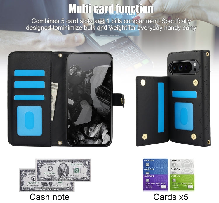 For Google Pixel 9 Crossbody Multifunction Rhombic Leather Phone Case(Black) - Google Cases by PMC TechLife | Online Shopping South Africa | PMC TechLife | Buy Now Pay Later Mobicred