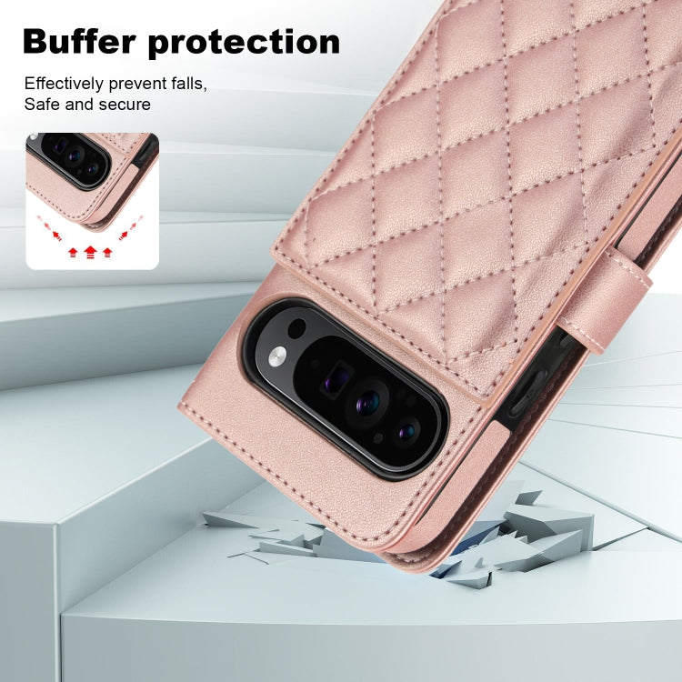 For Google Pixel 9 Crossbody Multifunction Rhombic Leather Phone Case(Rose Gold) - Google Cases by PMC TechLife | Online Shopping South Africa | PMC TechLife | Buy Now Pay Later Mobicred