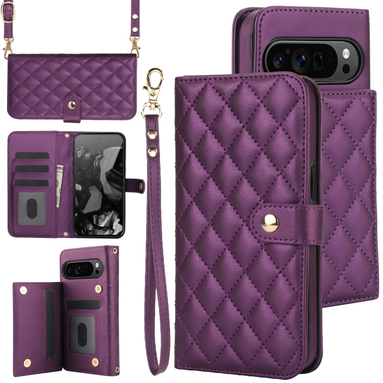 For Google Pixel 9 Crossbody Multifunction Rhombic Leather Phone Case(Dark Purple) - Google Cases by PMC TechLife | Online Shopping South Africa | PMC TechLife | Buy Now Pay Later Mobicred