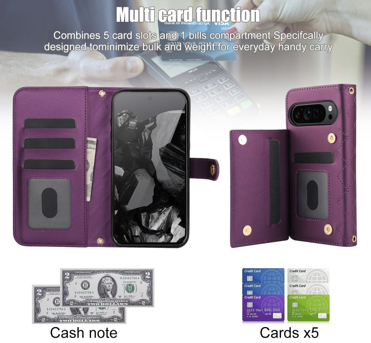 For Google Pixel 9 Crossbody Multifunction Rhombic Leather Phone Case(Dark Purple) - Google Cases by PMC TechLife | Online Shopping South Africa | PMC TechLife | Buy Now Pay Later Mobicred