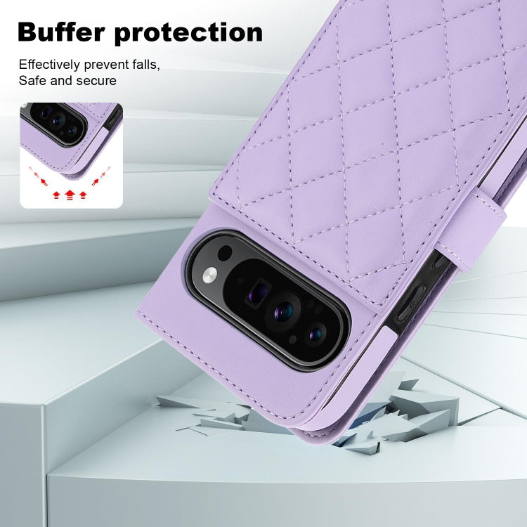 For Google Pixel 9 Crossbody Multifunction Rhombic Leather Phone Case(Purple) - Google Cases by PMC TechLife | Online Shopping South Africa | PMC TechLife | Buy Now Pay Later Mobicred
