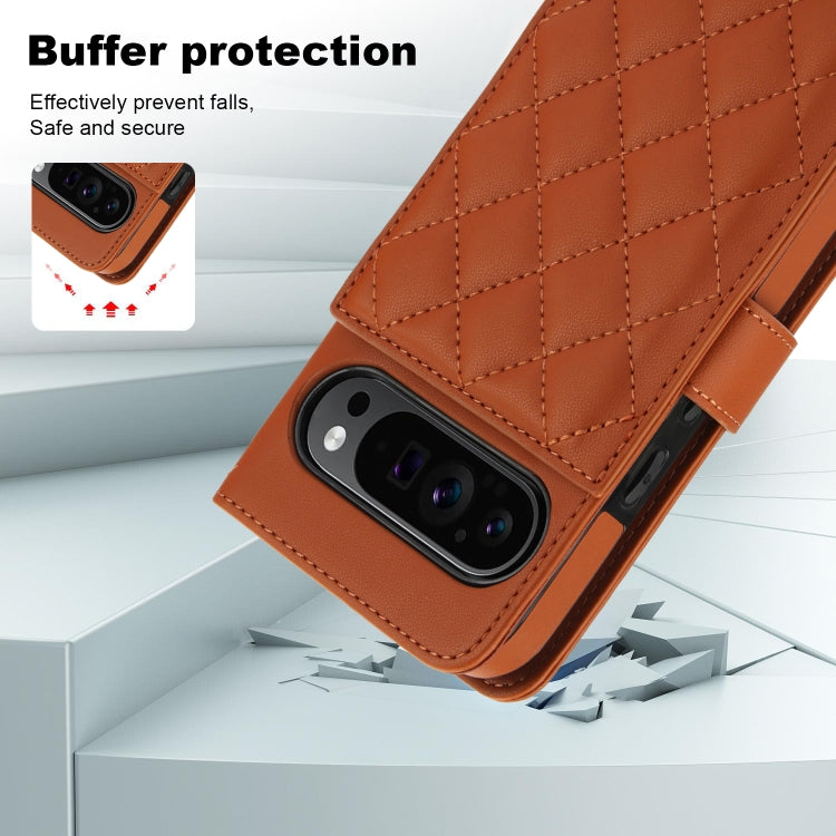 For Google Pixel 9 Crossbody Multifunction Rhombic Leather Phone Case(Brown) - Google Cases by PMC TechLife | Online Shopping South Africa | PMC TechLife | Buy Now Pay Later Mobicred