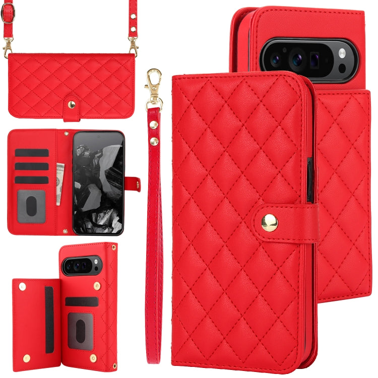 For Google Pixel 9 Pro XL Crossbody Multifunction Rhombic Leather Phone Case(Red) - Google Cases by PMC TechLife | Online Shopping South Africa | PMC TechLife | Buy Now Pay Later Mobicred