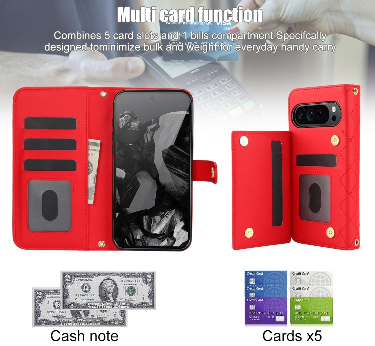 For Google Pixel 9 Pro XL Crossbody Multifunction Rhombic Leather Phone Case(Red) - Google Cases by PMC TechLife | Online Shopping South Africa | PMC TechLife | Buy Now Pay Later Mobicred