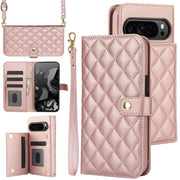 For Google Pixel 9 Pro XL Crossbody Multifunction Rhombic Leather Phone Case(Rose Gold)