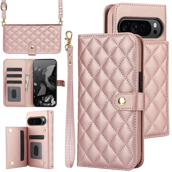 For Google Pixel 9 Pro XL Crossbody Multifunction Rhombic Leather Phone Case(Rose Gold)