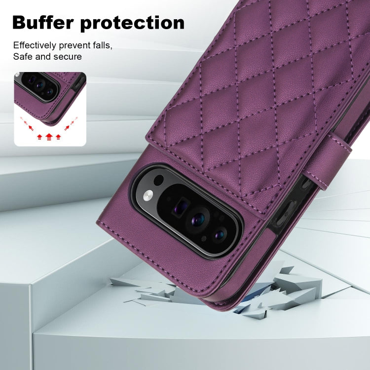 For Google Pixel 9 Pro XL Crossbody Multifunction Rhombic Leather Phone Case(Dark Purple)