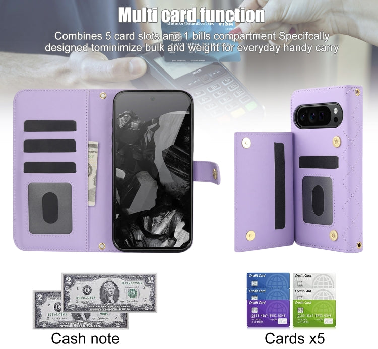 For Google Pixel 9 Pro XL Crossbody Multifunction Rhombic Leather Phone Case(Purple) - Google Cases by PMC TechLife | Online Shopping South Africa | PMC TechLife | Buy Now Pay Later Mobicred