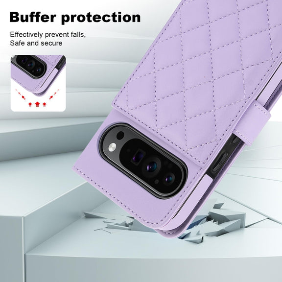 For Google Pixel 9 Pro XL Crossbody Multifunction Rhombic Leather Phone Case(Purple)
