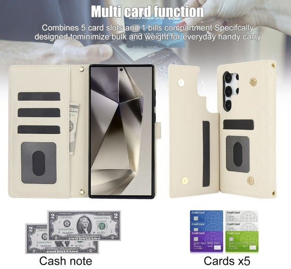 For Samsung Galaxy S24 Ultra 5G Crossbody Multifunction Rhombic Leather Phone Case(White)