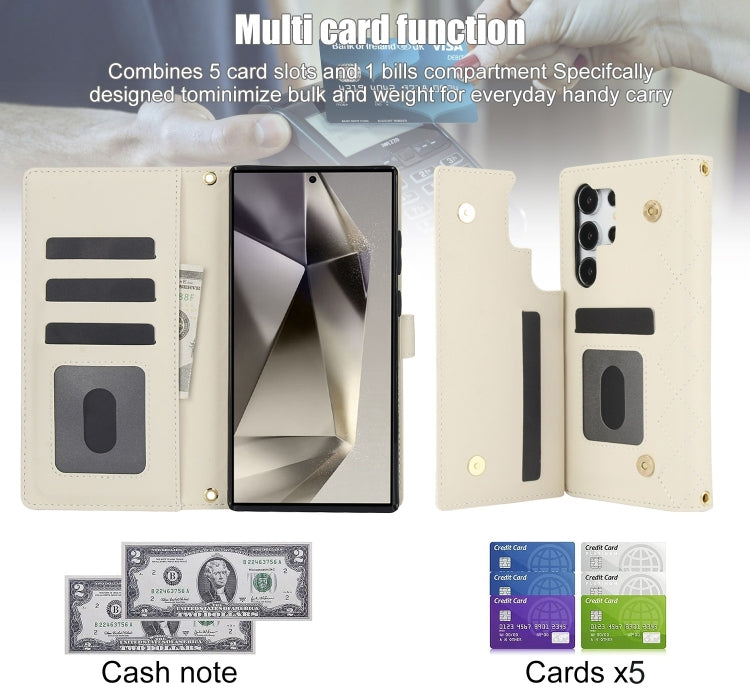 For Samsung Galaxy S24 Ultra 5G Crossbody Multifunction Rhombic Leather Phone Case(White)