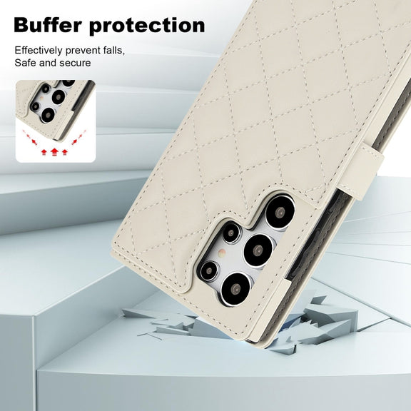 For Samsung Galaxy S24 Ultra 5G Crossbody Multifunction Rhombic Leather Phone Case(White)