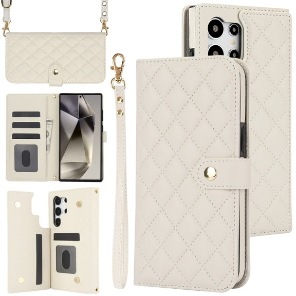 For Samsung Galaxy S24 Ultra 5G Crossbody Multifunction Rhombic Leather Phone Case(White)