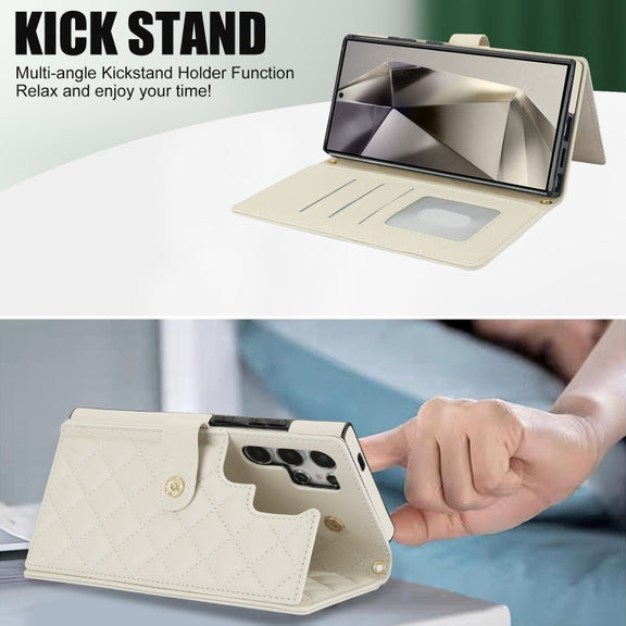 For Samsung Galaxy S24 Ultra 5G Crossbody Multifunction Rhombic Leather Phone Case(White)
