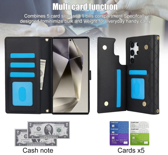 For Samsung Galaxy S24 Ultra 5G Crossbody Multifunction Rhombic Leather Phone Case(Black)