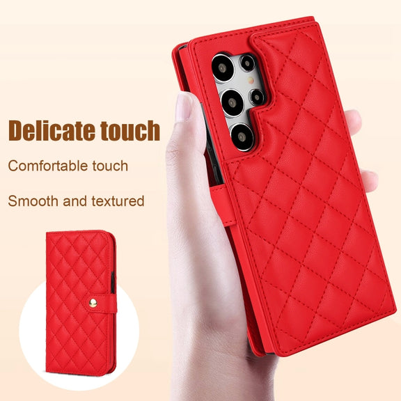For Samsung Galaxy S24 Ultra 5G Crossbody Multifunction Rhombic Leather Phone Case(Red)