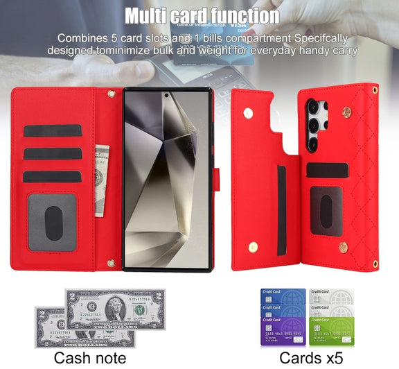 For Samsung Galaxy S24 Ultra 5G Crossbody Multifunction Rhombic Leather Phone Case(Red)