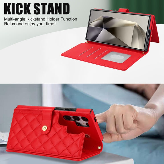 For Samsung Galaxy S24 Ultra 5G Crossbody Multifunction Rhombic Leather Phone Case(Red)