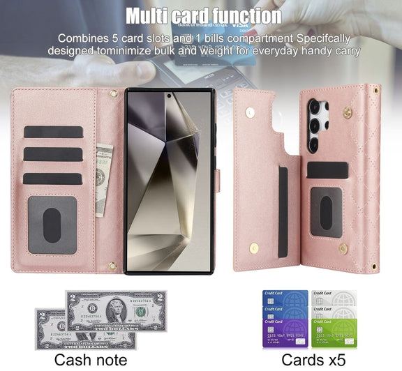 For Samsung Galaxy S24 Ultra 5G Crossbody Multifunction Rhombic Leather Phone Case(Rose Gold)