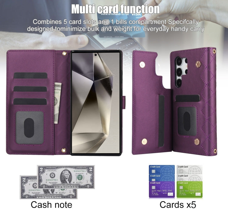For Samsung Galaxy S24 Ultra 5G Crossbody Multifunction Rhombic Leather Phone Case(Dark Purple)