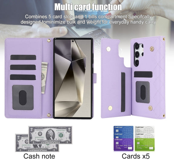 For Samsung Galaxy S24 Ultra 5G Crossbody Multifunction Rhombic Leather Phone Case(Purple)