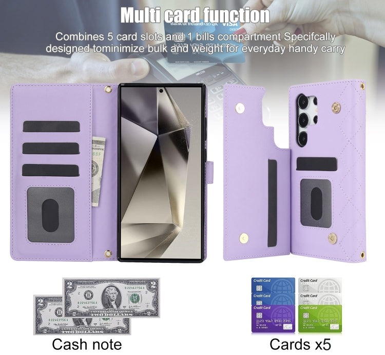 For Samsung Galaxy S24 Ultra 5G Crossbody Multifunction Rhombic Leather Phone Case(Purple)
