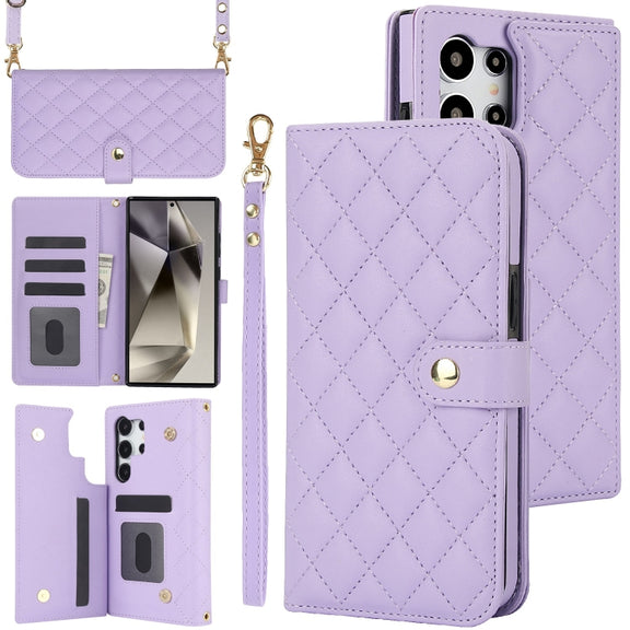 For Samsung Galaxy S24 Ultra 5G Crossbody Multifunction Rhombic Leather Phone Case(Purple)