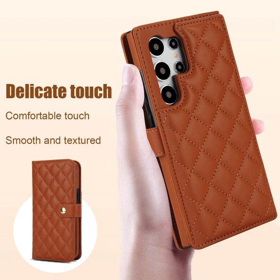 For Samsung Galaxy S24 Ultra 5G Crossbody Multifunction Rhombic Leather Phone Case(Brown)