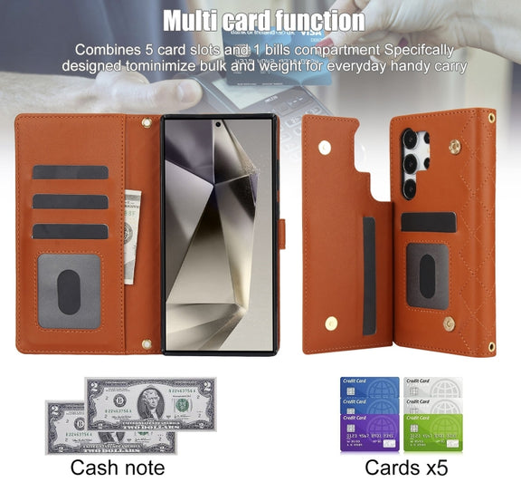 For Samsung Galaxy S24 Ultra 5G Crossbody Multifunction Rhombic Leather Phone Case(Brown)