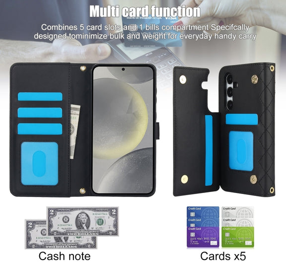 For Samsung Galaxy S24+ 5G Crossbody Multifunction Rhombic Leather Phone Case(Black)