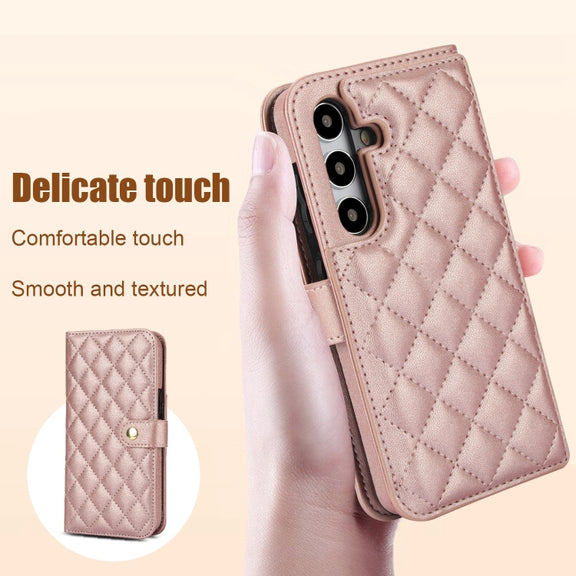 For Samsung Galaxy S24+ 5G Crossbody Multifunction Rhombic Leather Phone Case(Rose Gold)