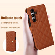 For Samsung Galaxy S24+ 5G Crossbody Multifunction Rhombic Leather Phone Case(Brown)