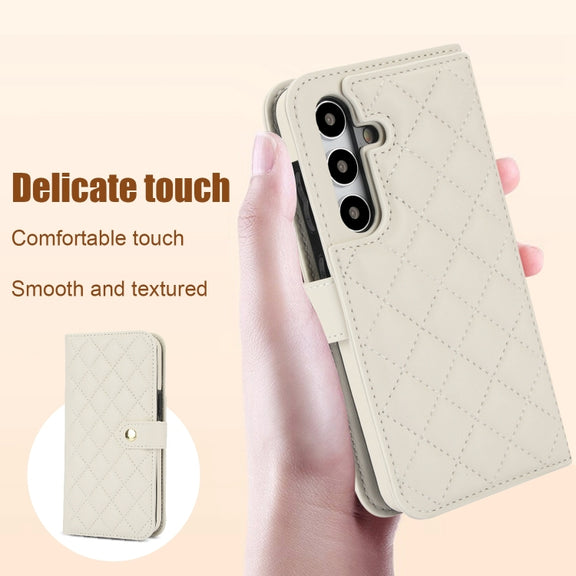 For Samsung Galaxy S24 5G Crossbody Multifunction Rhombic Leather Phone Case(White)
