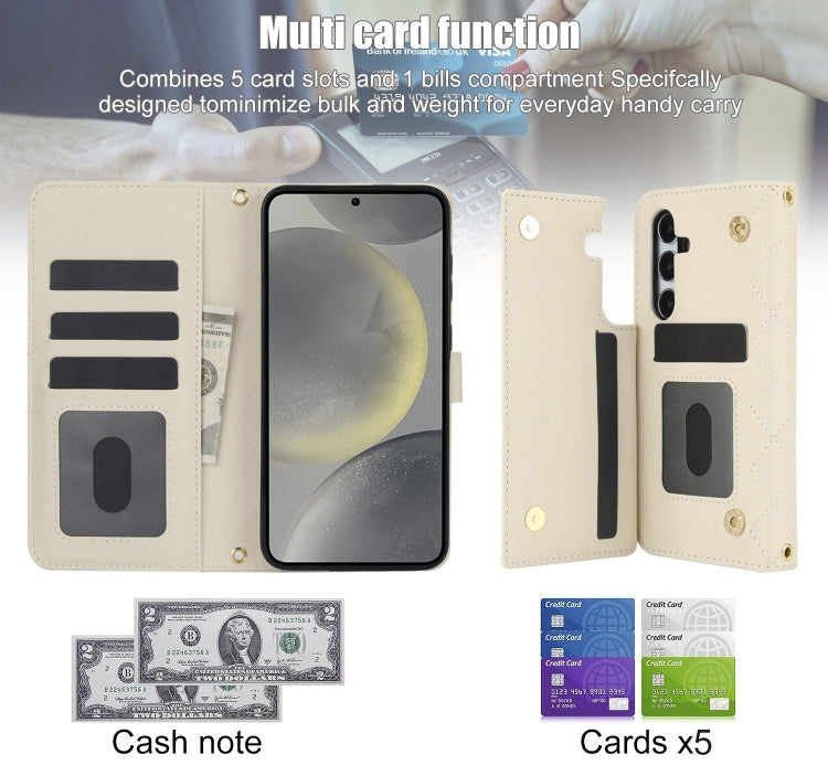 For Samsung Galaxy S24 5G Crossbody Multifunction Rhombic Leather Phone Case(White)