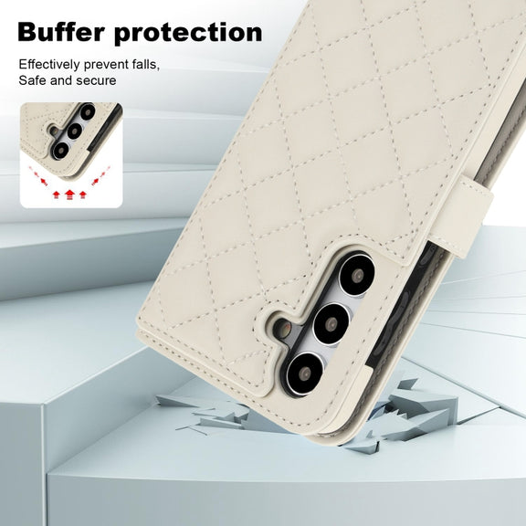 For Samsung Galaxy S24 5G Crossbody Multifunction Rhombic Leather Phone Case(White)