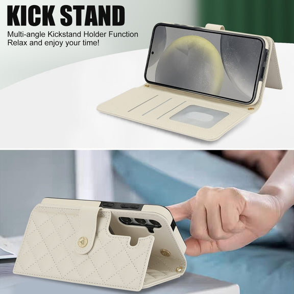 For Samsung Galaxy S24 5G Crossbody Multifunction Rhombic Leather Phone Case(White)
