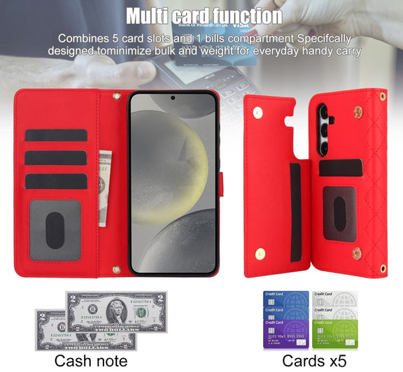 For Samsung Galaxy S24 5G Crossbody Multifunction Rhombic Leather Phone Case(Red)