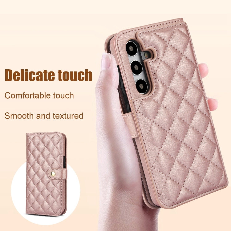 For Samsung Galaxy S24 5G Crossbody Multifunction Rhombic Leather Phone Case(Rose Gold)