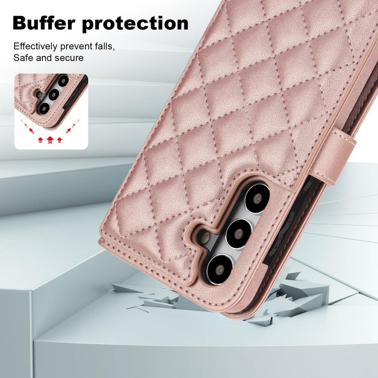 For Samsung Galaxy S24 5G Crossbody Multifunction Rhombic Leather Phone Case(Rose Gold)