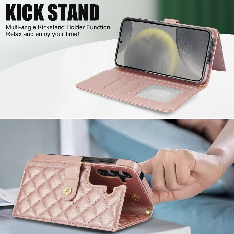 For Samsung Galaxy S24 5G Crossbody Multifunction Rhombic Leather Phone Case(Rose Gold)