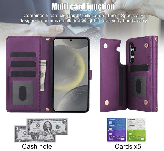 For Samsung Galaxy S24 5G Crossbody Multifunction Rhombic Leather Phone Case(Dark Purple)