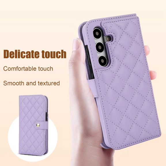 For Samsung Galaxy S24 5G Crossbody Multifunction Rhombic Leather Phone Case(Purple)