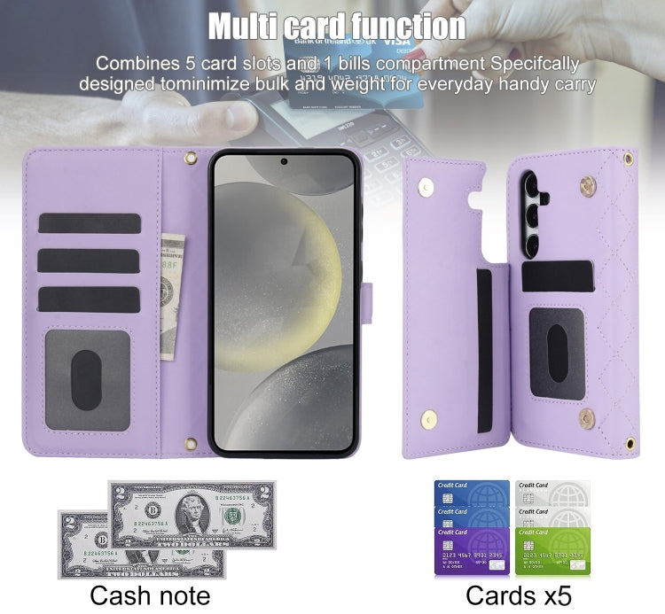 For Samsung Galaxy S24 5G Crossbody Multifunction Rhombic Leather Phone Case(Purple)