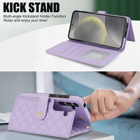 For Samsung Galaxy S24 5G Crossbody Multifunction Rhombic Leather Phone Case(Purple)