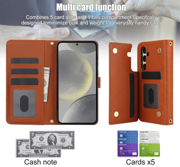 For Samsung Galaxy S24 5G Crossbody Multifunction Rhombic Leather Phone Case(Brown)